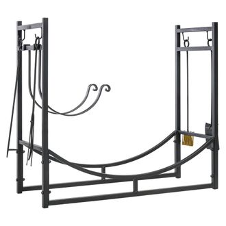 OUTSUNNY Firewood Stand Log Rack Holder 84cm with 4-PC Fireplace Tools Set Black | TJ Hughes