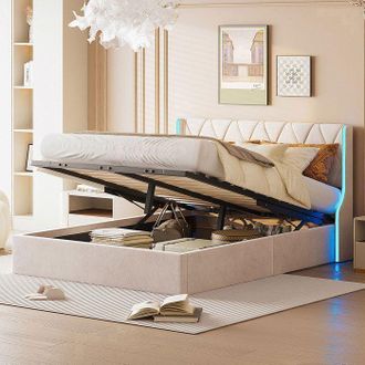 OEM Estructura De Cama 160x200 Cm - 231124tt - Led - Hidr&aacute;ulica - Cofre De Cama - Terciopelo - 160x200 Cm - Beige