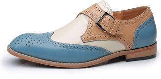 Generic Mens Two-Tone Wingtip Brogue Monk Strap Loafer Dress Shoes - Punched Round Toe Oxford Slip-On Loafers,Blue,11 UK