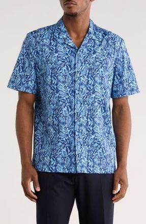 Bugatchi Leaf Print Camp Shirt in Air Blue at Nordstrom Rack, Size Xxx-Large
