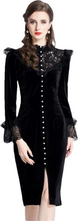 Generic Women Mock Neck Patchwork Lace Velour Dress Office Lady Cocktail Party Vintage Split Pencil Dresses Black XXL