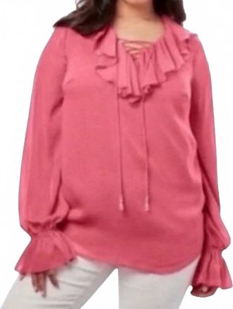 Roaman's Romantic Lace Up Blouse - Plus In Coral