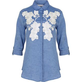 Anne Fontaine Womens Shirt Citron Blue Linen Shirt With White Floral Applique in Denim Blue at Nordstrom, Size 38 Eu