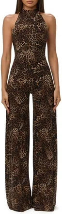 Naked Wardrobe Leopard Print Wide Leg Halter Jumpsuit in Spotted Leopard at Nordstrom, Size X-Large