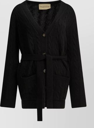 Valentino cashmere cable-knit belted v-neck cardigan