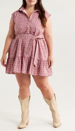 Treasure & Bond Floral Print Ruffle Hem Belted Minidress in Ivory- Pink Budding Bloom at Nordstrom Rack, Size 3X