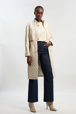 Karen Millen Womens Longline Quilted Leather Biker Jacket - Cream - Size 12 UK