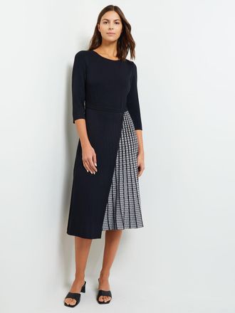 Misook Pleated Contrast Panel Soft Knit Dress, Black & White
