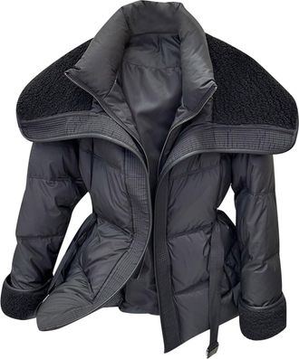 Generic Winter Jackets for Women UK Quilted Down Coat Ladies Lightweight Padded Jacket Fleece Stand Collar Trench Coat with Belt Long Sleeve Zip Up Overcoat O