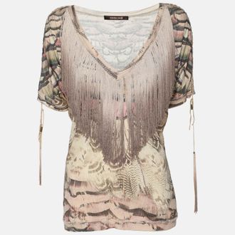 Roberto Cavalli Multicolor Printed Silk Fringed Neckline V-Neck Top
