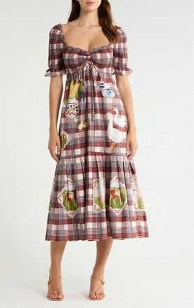 Farm Rio Country Table Tartan Plaid Midi Dress in Brown at Nordstrom, Size Xx-Small