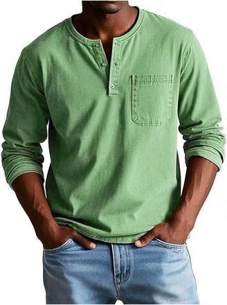 Generic Mens Fashion Vintage Distressed Pocket Long-Sleeve Shirt,Long Sleeve Distressed Washed V Neck Button Shirts (Light Green,XXL)