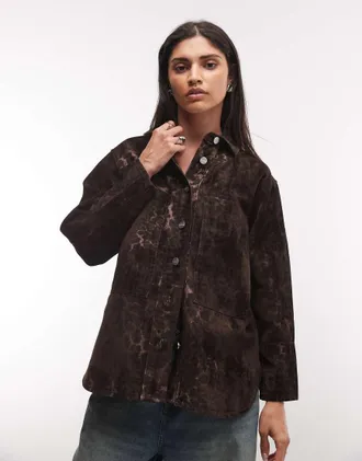 AllSaints Eden co-ord camicia in denim a maniche lunghe con stampa leopardata floccata marrone