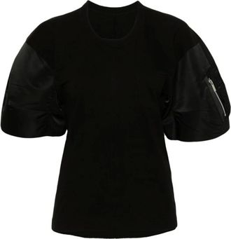 sacai Tops, Dames, Zwart, L, Katoen, Zwart Katoenen Panelen Ronde Hals T-shirt