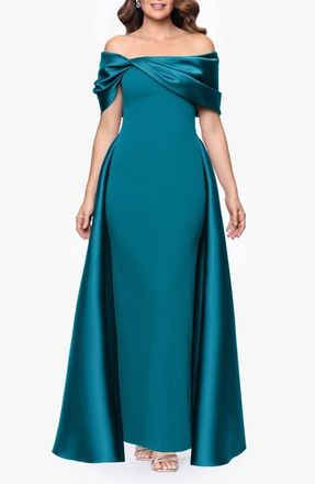 Betsy & Adam Off the Shoulder Cape Detail Gown in Teal at Nordstrom, Size 10