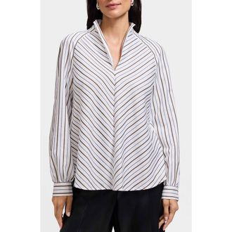 Foxcroft Daphne Stripe Metallic Stretch Popover Shirt in White/Multi at Nordstrom, Size X-Small