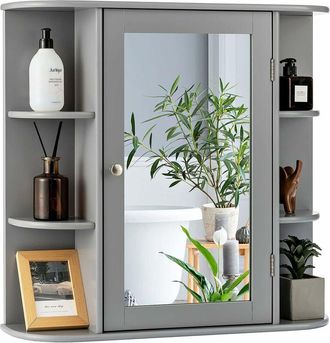 Costway Armadietto del Bagno con Specchio, Armadietto di Legno Appeso con Mensole Regolabili, Armadietto dei Medicinali Multiuso per Bagno Salone Cucina