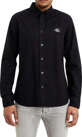 Calvin Klein Mens Black CK Shrunken Badge Button Down Shirt, Size Medium