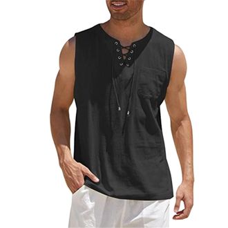 Generic Mens Linen Tank Tops, Sleeveless Breathable Slim Fit Summer Top Vest, Casual Solid Color Drawstring Ghillie Hippie Henley Shirts with Pocket, Everyday