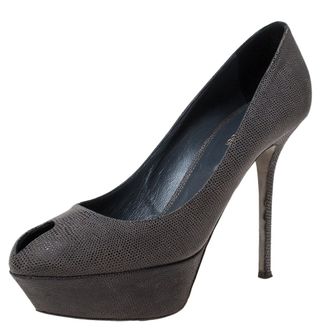 Sergio Rossi Grey Textured Suede Peep Toe Platform Pumps