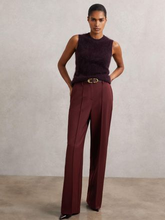 Reiss Burgundy Petite Wide-leg Pintuck Trousers, 16