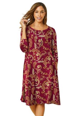 Jessica London Stretch Knit Three-Quarter Sleeve T-shirt Dress in Burgundy Paisley Scroll at Nordstrom, Size 32