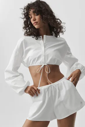 Alo | Cotton Cropped Real Deal Long Sleeve Top in White, Size: Medium