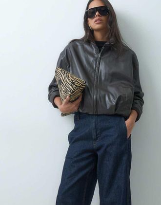 Jacqueline de Yong giacca bomber in pelle sintetica marrone scuro