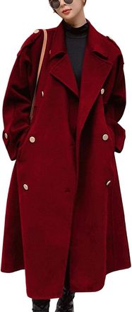 Generic Womens Winter Double Breasted Midi Long Wool Coat Notch Lapel Winter Trench Coat (Red,M)