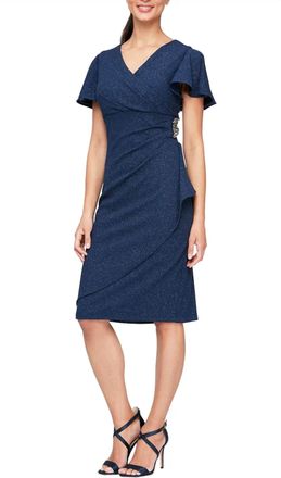 SLNY Sparkle V Neck Shirred Dress In Navy