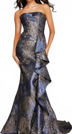 Jovani Strapless Gown With Cascading Ruffle In Grey/gold