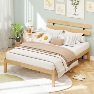 Costway Costway King Size Bed Frame Wood Platform Bed w/ Retro Headboard in Natural