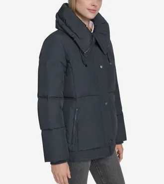 Cole Haan Womens Twill Nylon Down Jacket with Trapunto Stitch Details - Black Size Medium