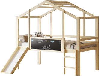 STILVORA Cama Alta 90 X 200 Cm Con Tobog&aacute;n, Escalera, Pizarra Y Barandillas, Sin Colch&oacute;n, De Madera Maciza, Natural