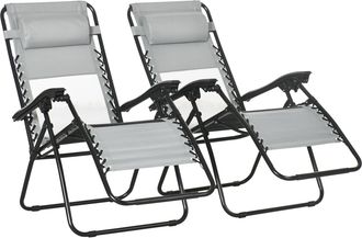 OUTSUNNY Foldable Garden Recliner Chair Set of 2 w/ Footstool & Headrest - Grey | TJ Hughes