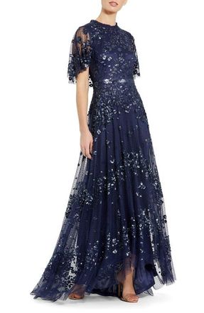 Mac Duggal Sequined High Neck Flutter Sleeve A Line Gown in Midnight at Nordstrom, Size 10