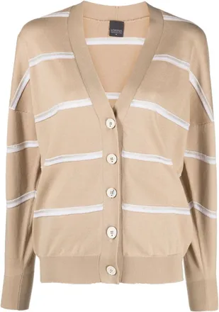 Lorena Antoniazzi White V-Neck Striped Cotton-Blend Cardigan