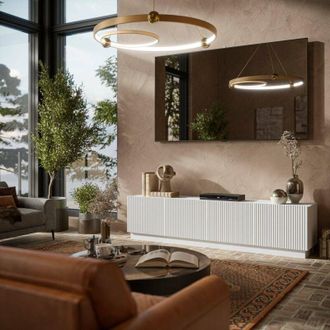 Dmora Mueble De Tv Macherio, Aparador De Sal&oacute;n Con Cuatro Puertas Batientes, Dise&ntilde;o Minimalista Y Moderno, 200x40 H48 Cm, Blanco