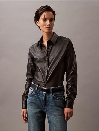 Calvin Klein Womens Lamb Leather Button-Down Shirt - Black - XS