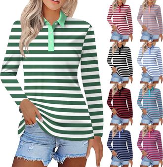 Generic Polo Shirt Womens Striped Patchwork Blouse Casual Long Sleeve Golf Shirt Buttons Lapel Tennis Shirt Elegant Top Slim Summer Shirt Breathable Sports Sh