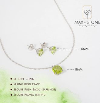 MAX + STONE 925 Sterling Silver Cushion Cut Gemstone Stud Earrings and Pendant Necklace