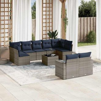 vidaXL Set De Sof&aacute;s De Jard&iacute;n 10 Pzas Con Cojines Rat&aacute;n Sint&eacute;tico Gris Vidaxl