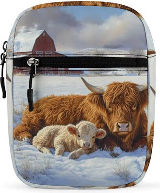 Generic Highland Cow And Little Farmhouse Trendy Crossbody Bag for Men Women Small Satchel Men Sling Adjustable Shoulder Strap Messenger