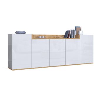 Dmora Aparador Cordele, Armario 7 Estantes, Apertura Abisagrada Made In Italy, 5 Puertas, 200x35x70h Cm Blanco Brillo