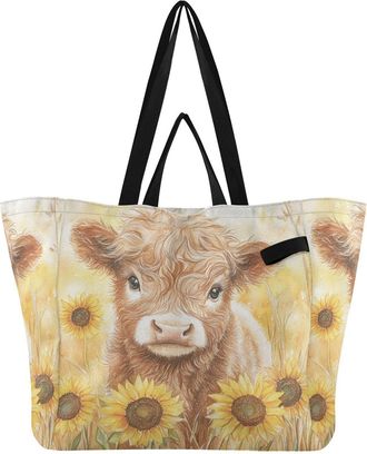 Generic Brown Cow Sunflower pattern Reusable Canvas Tote Bag, Heavy Duty Grocery Shopping Bag with Double Handles Large Capacity Hard Bottom Work Groceries Tr