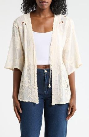 Forgotten Grace Floral Embroidered Tie Front Cardigan in Natural at Nordstrom Rack, Size X-Large