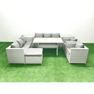Fimous Fimous Rattan Garden Furniture Set Outdoor 8 Seater Patio Dinin g Sofa Sets with Dining Table 2 Chairs 2 Side Tables Big Footstool Light Grey Mixed