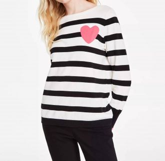 Jones New York Striped Heart Boat-Neck Sweater In White Multi