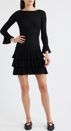 Dôen Amelina Layered Ruffle Long Sleeve Merino Wool Minidress in Black at Nordstrom, Size X-Small