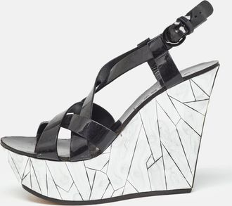 Casadei Black/silver Patent Leather Mirrored Crack Wedge Sandals